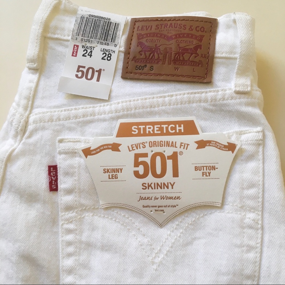 Levi’s White 501 High Rise Skinny Jeans 24 X 28